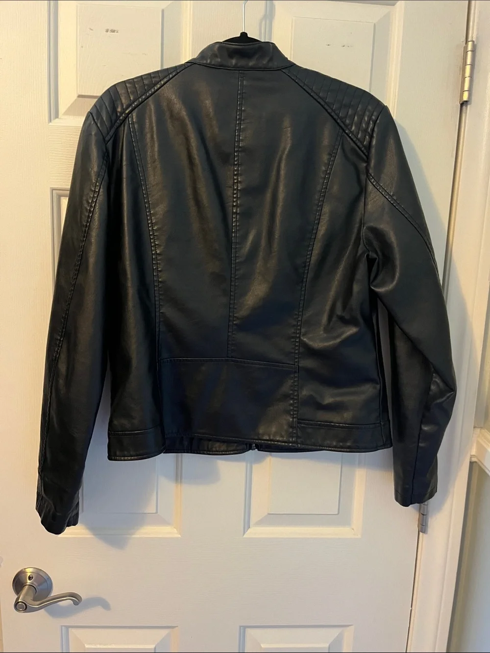 Black Faux Leather Quilted-Shoulder Bomber Jacket